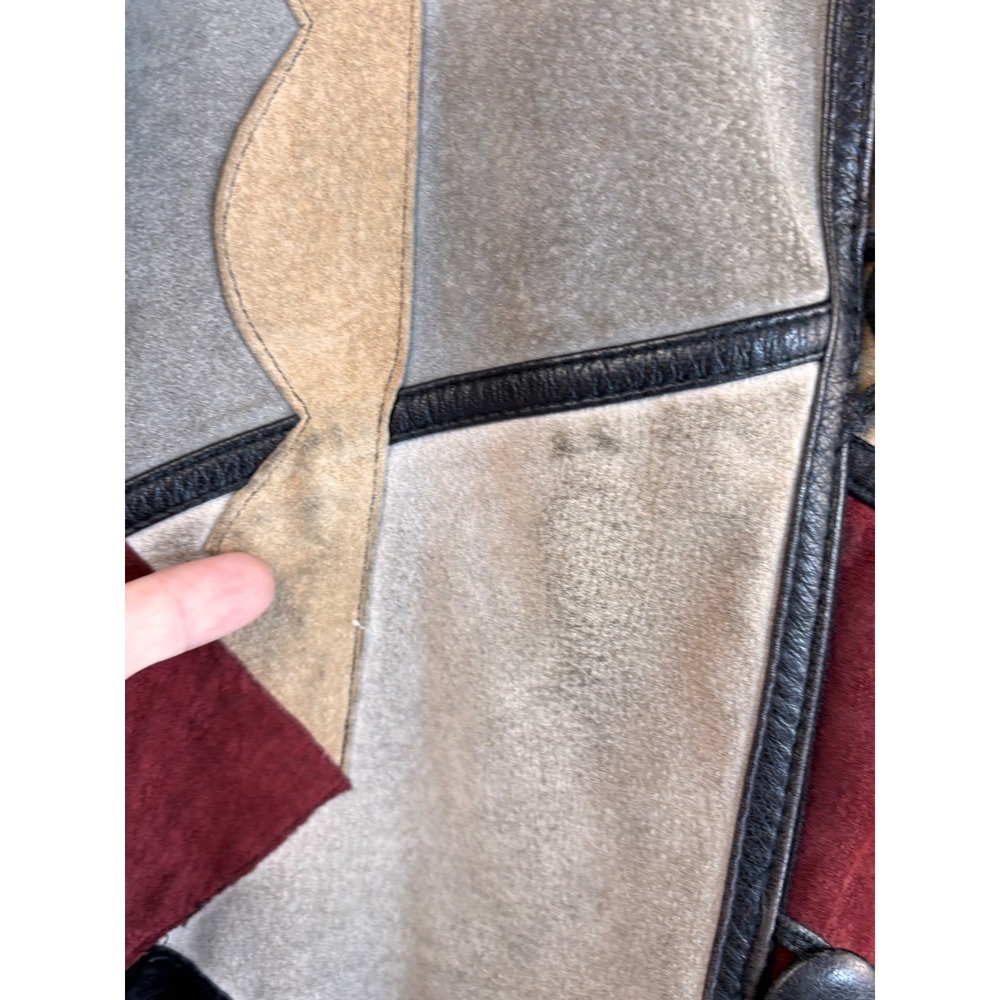 Vintage 80s Suede Leather Patchwork Jacket Fur Collar Geometric Art Earth L‎ OOK - Picture 8 of 15